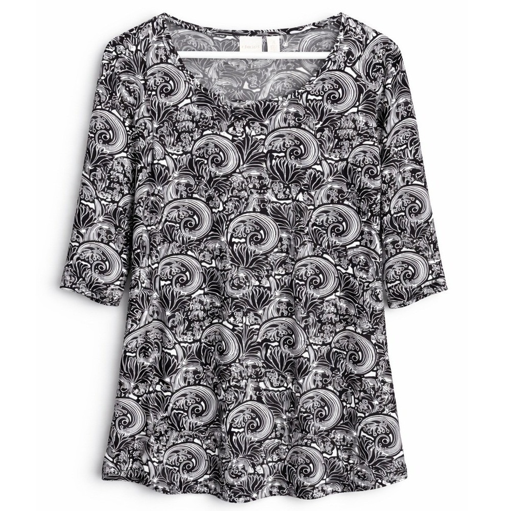 Chico's Black White Paisley Tunic Top Stretch Boho Classic Chic Size 3 XL